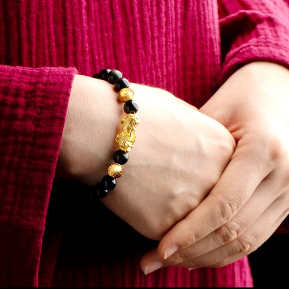 NWT NATURAL BLACK OBSIDIAN STONE BEADED LUCKY DRAGON 24K GOLD BRACELET
